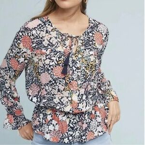 Maeve (Anthropologie) Blue, Coral and White Floral Top Size Small